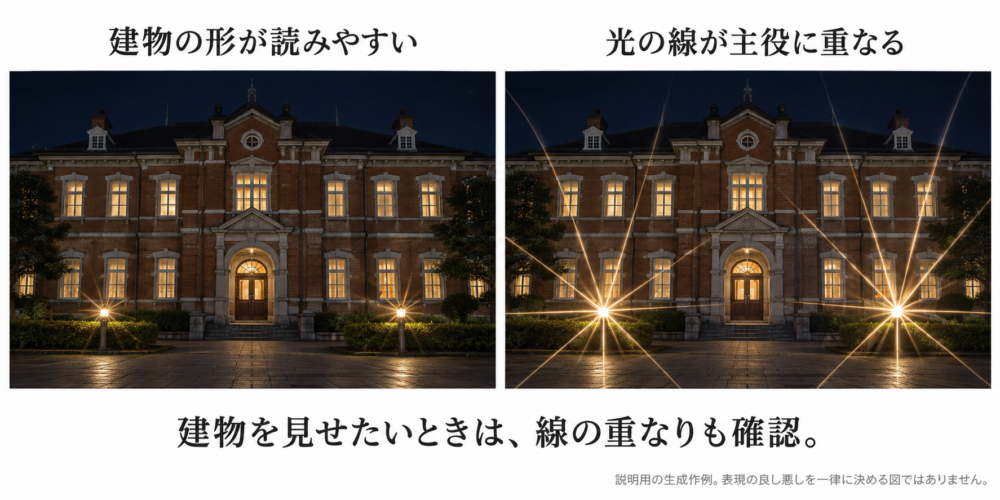 同じ夜景建物を左右比較。左は光の線が控えめで窓と輪郭を残す、右は非常に長い線が建物の窓を横切り主役が読みにくい。意図による比較例で善悪を一律にしない。