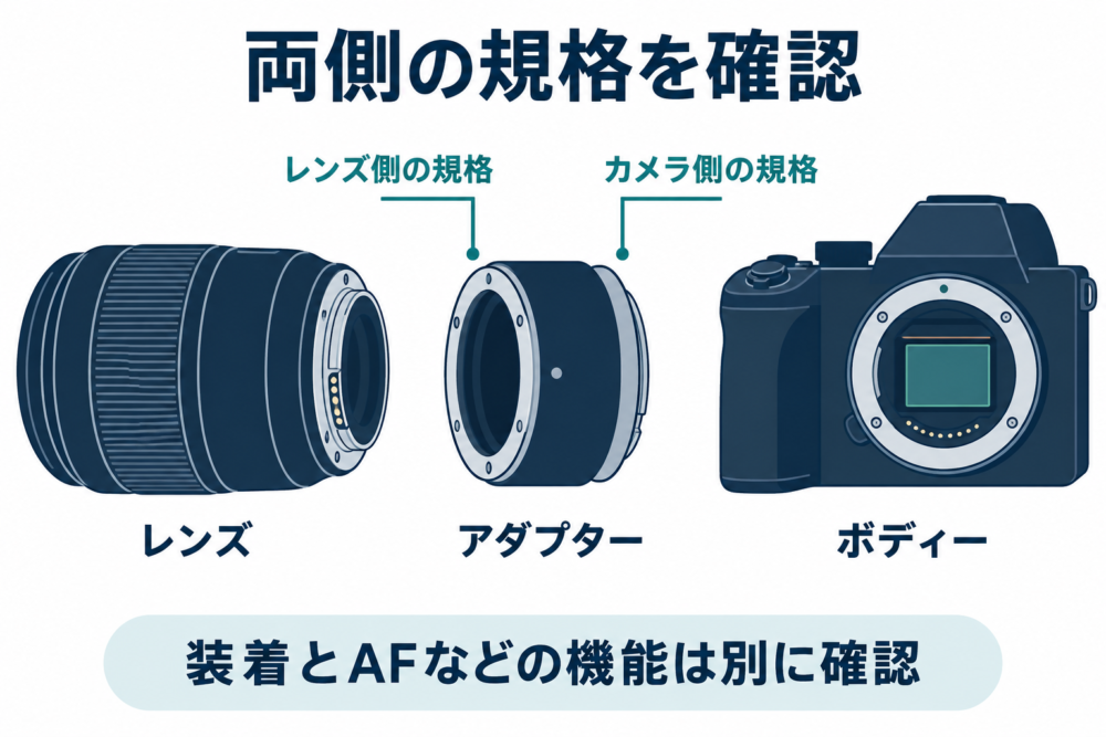 レンズとボディーの両側の規格をアダプターで照合する模式図