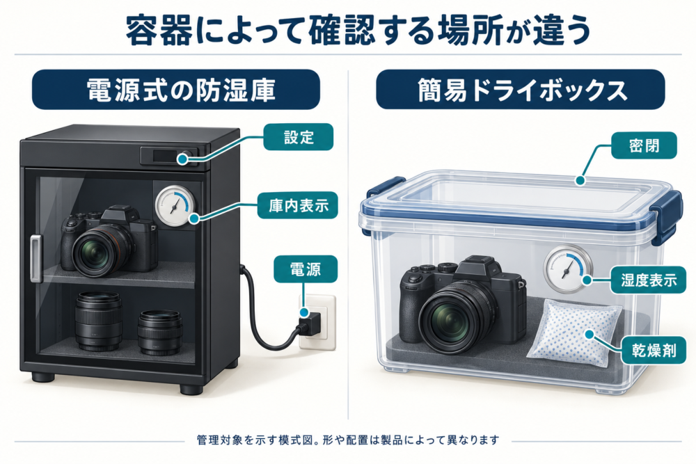 電源式防湿庫の制御部と簡易ドライボックスの乾燥剤・湿度計を比べる模式図