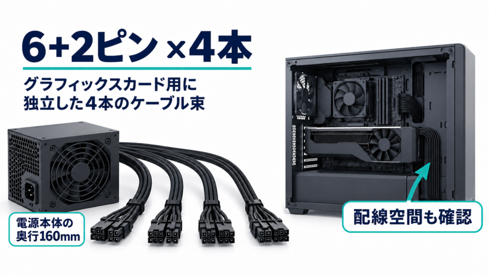 6+2ピンのケーブル4本を使う構成と奥行160mmの配線空間を説明する概念図