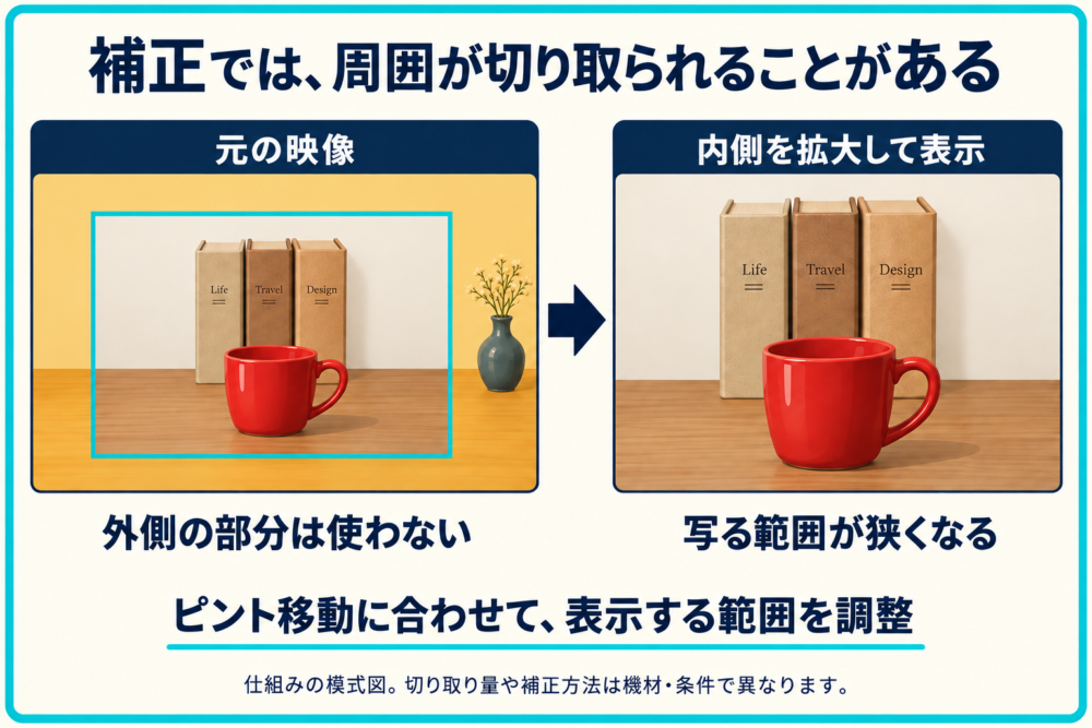 元の映像の内側を切り取り、拡大して表示する補正の模式図