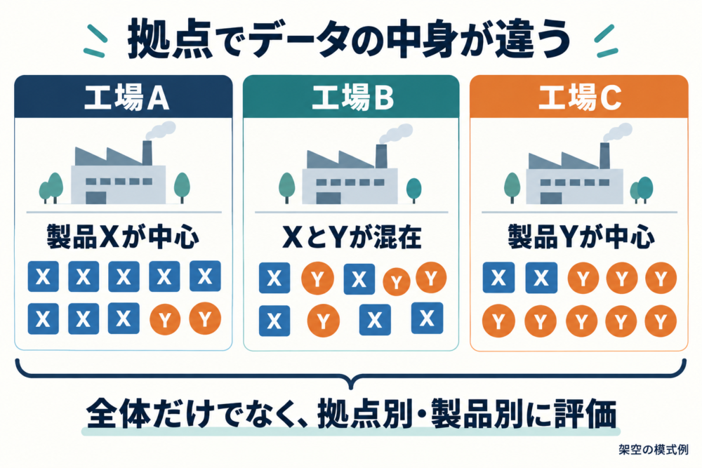 工場Aは製品X中心、BはXとYの混在、CはY中心。全体だけでなく拠点別・製品別に評価する