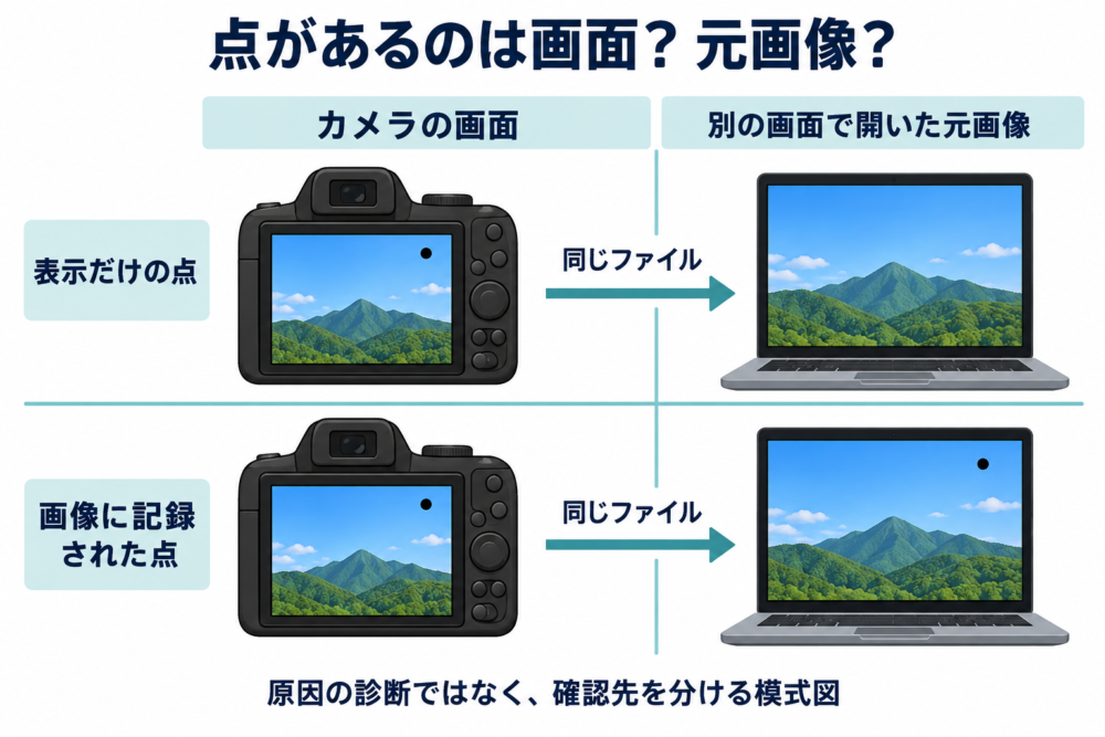 カメラの画面だけにある点と元画像にも記録された点を比較する模式図