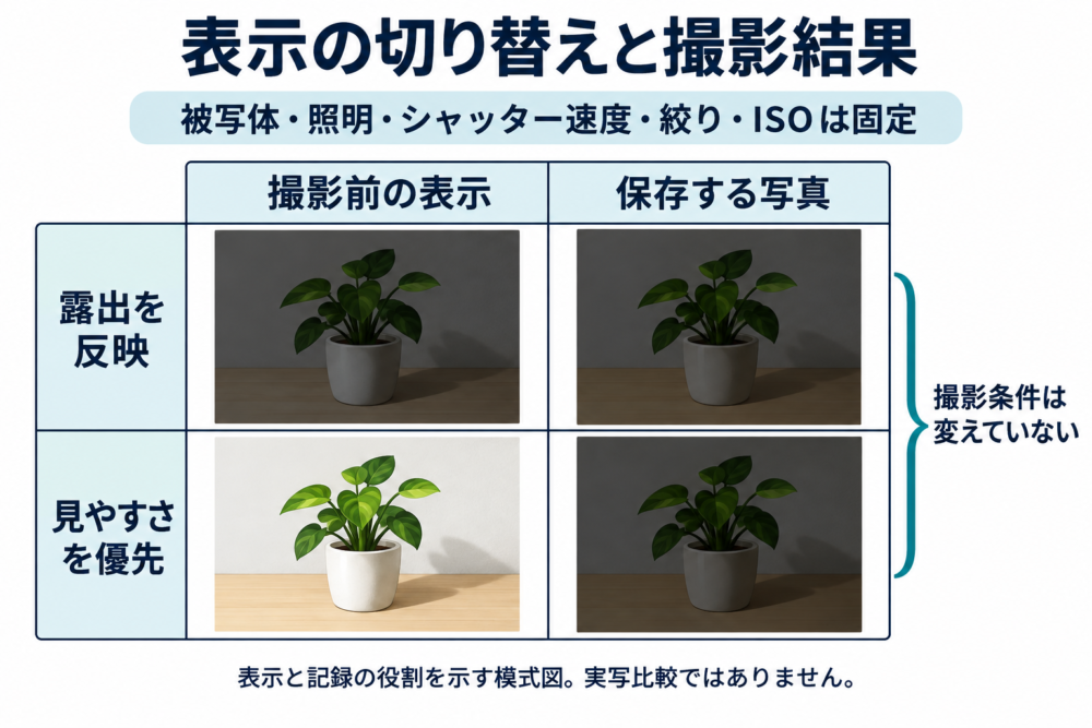 表示だけを変えても固定した撮影条件による記録露出は変えないことを示す模式図