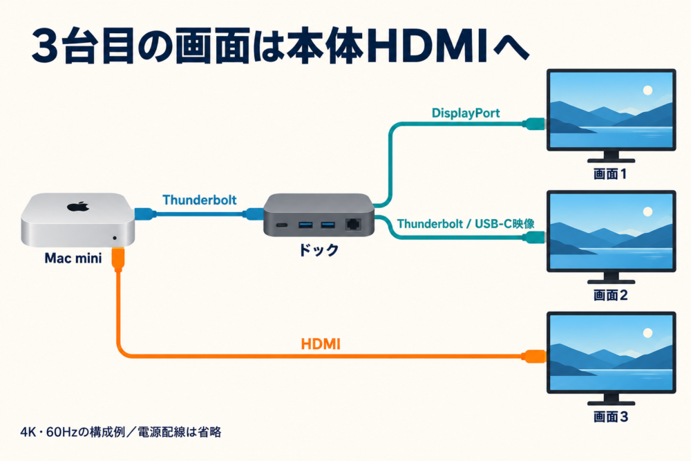 画面2台をドック経由、3台目をMac mini本体HDMIへ接続する概念図