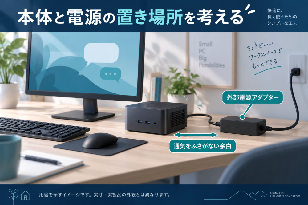 ミニPCの本体と外部電源アダプターを離して置く机上構成のイメージ