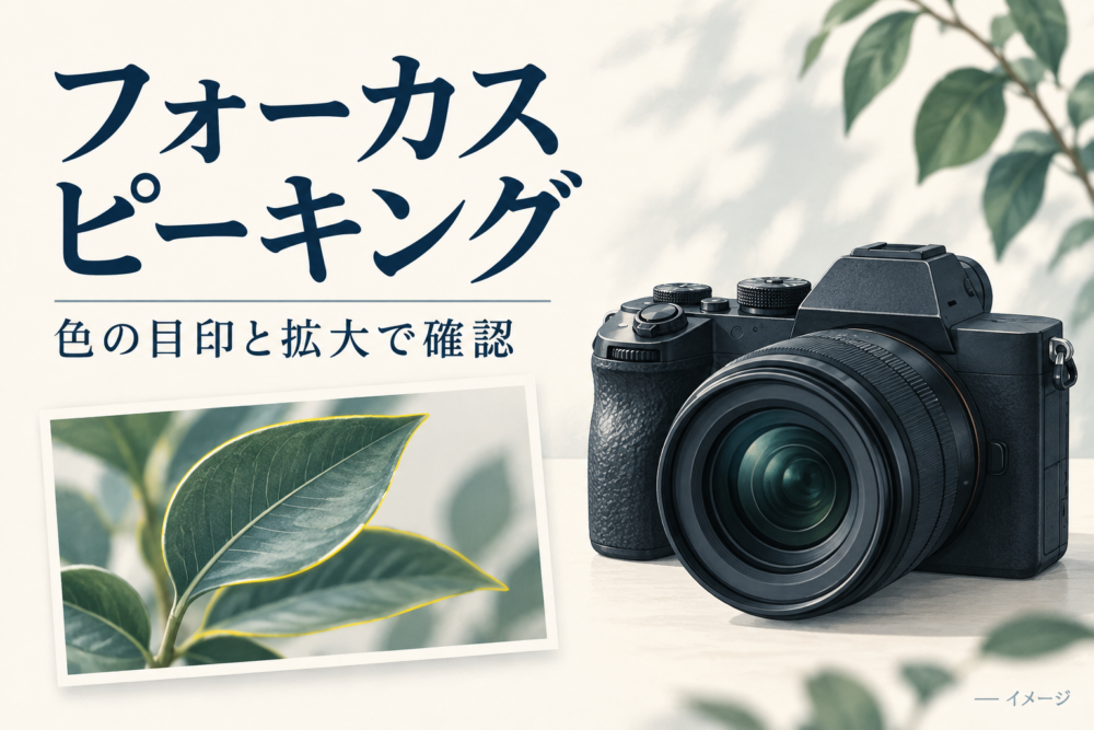 カメラと葉の輪郭の目印を描いたフォーカスピーキングの記事表紙