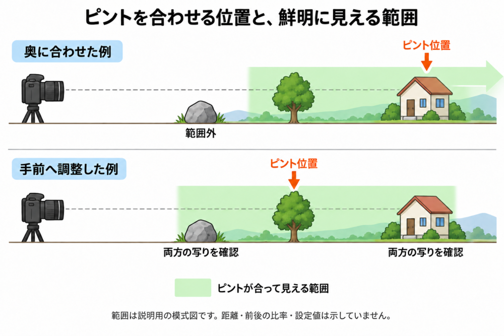 カメラ、手前の岩、途中の木、奥の建物の距離方向の模式図。奥へ合焦して岩が範囲外の例と、中間へ調整して岩から建物が範囲内の例を二段表示。縮尺・範囲は概念。