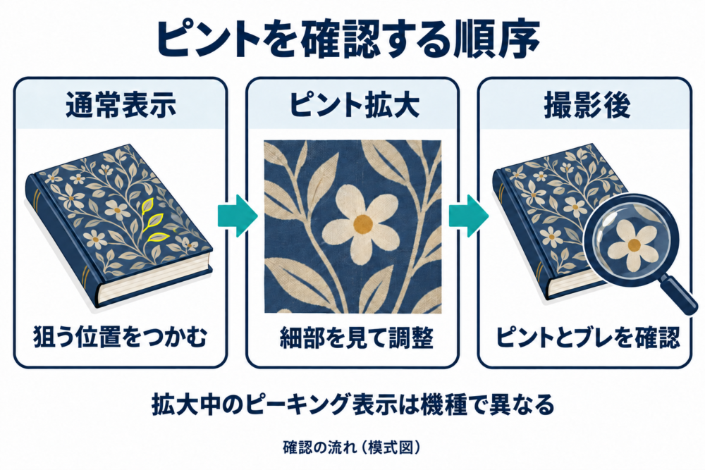 通常表示で位置をつかみ、拡大で細部を調整し、撮影後の写真を確認する流れ