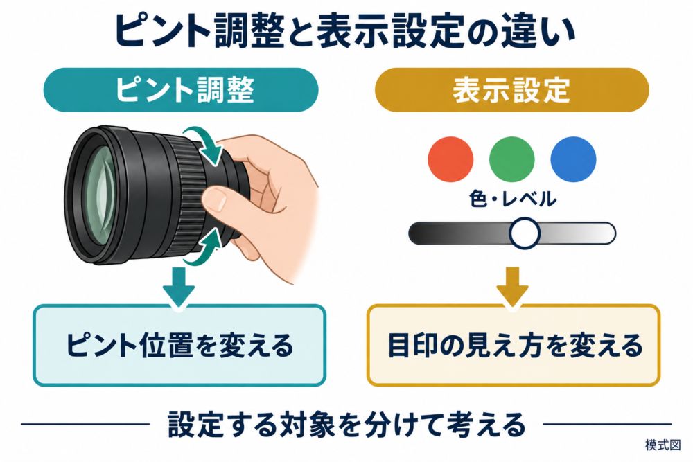 フォーカスリングはピント位置を、ピーキングの色とレベルは目印の見え方を変える模式図