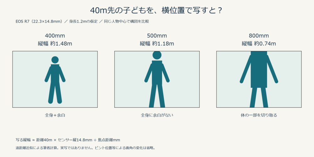 EOS R7で40m先の身長1.2mの人物を400・500・800mmで撮る画面範囲の計算図