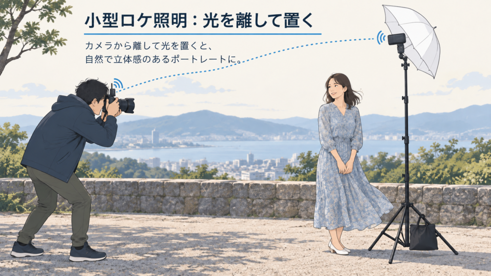 小型バッテリー式ストロボをカメラから離して設置するイメージ