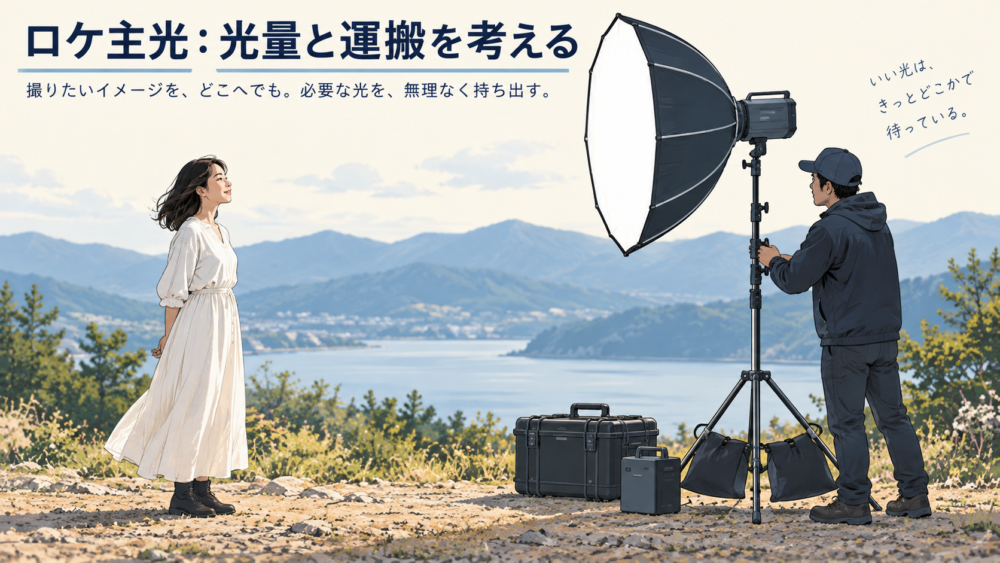 大型のソフトボックスとバッテリー式ストロボを運搬・設置するイメージ