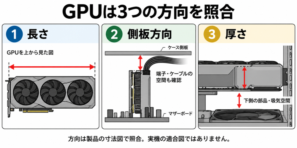 GPUの寸法を照合する方向の模式図（AI生成）。実機の適合を示す図ではありません。