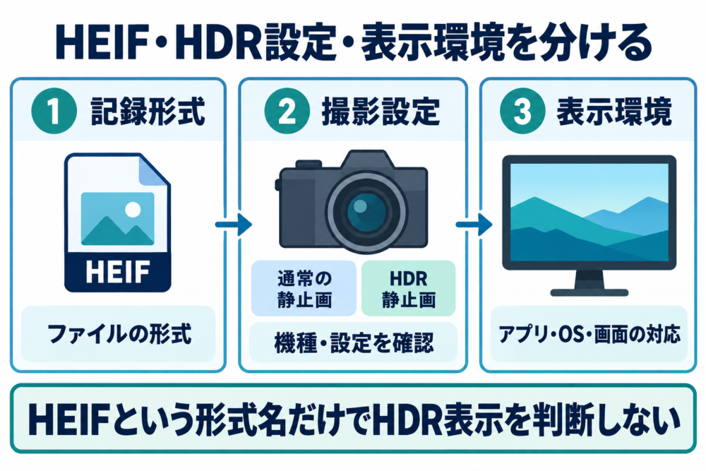 HEIFの記録形式、通常またはHDRの撮影設定、アプリと画面の表示環境を分ける図