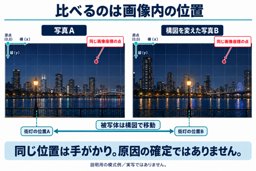 構図を変えると街灯が移動する一方、同じ画像座標の赤い点を比較する模式例