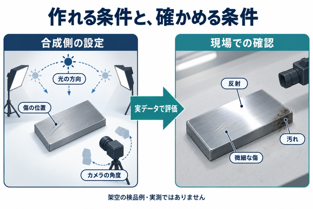 仮想の検品画像で照明や角度を変え、現場の反射や汚れは実データで別途確認する概念図