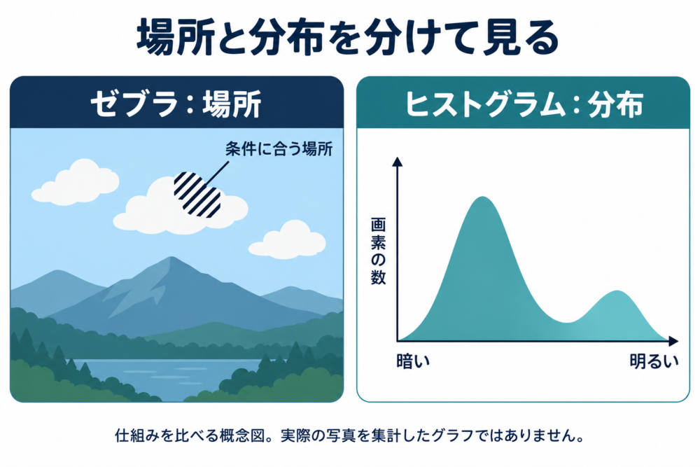 ゼブラは画像内の場所、ヒストグラムは明るさの分布を示す比較概念図
