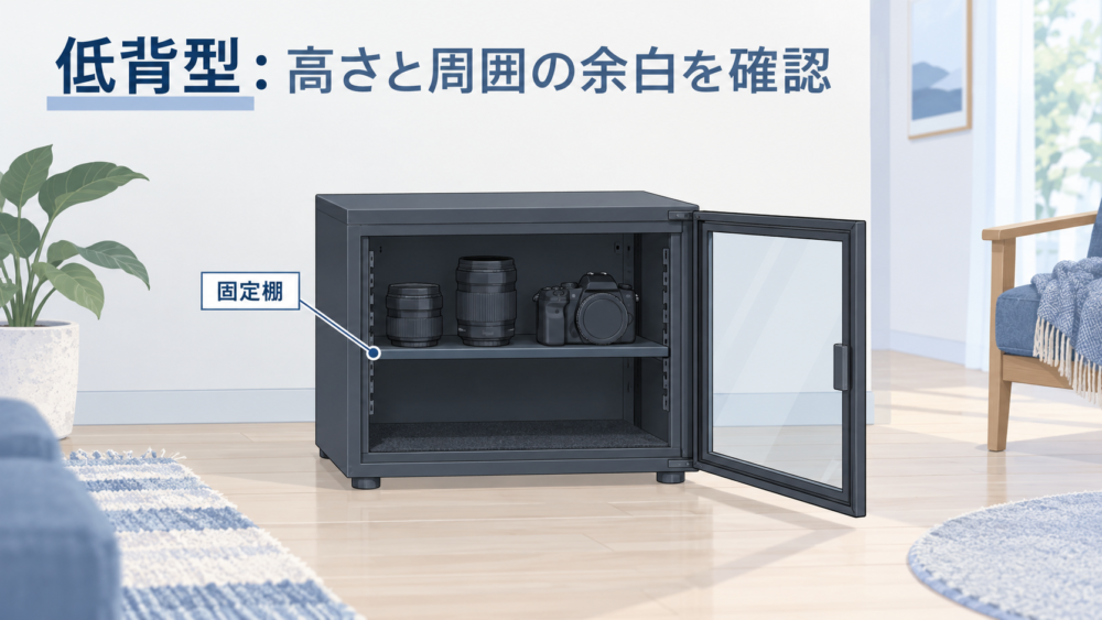 低背型防湿庫の固定棚と周囲に余白を確保する設置イメージ
