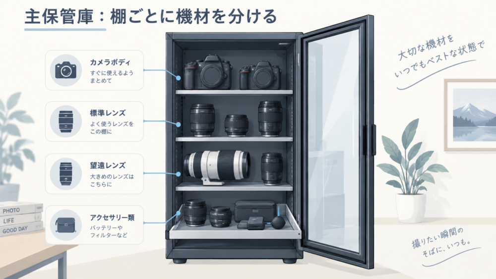 縦型の防湿庫でボディーとレンズを棚ごとに分ける収納イメージ