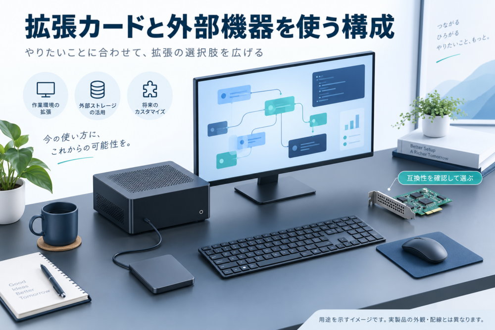 拡張カードや外付けSSDを検討するワークステーション構成のイメージ
