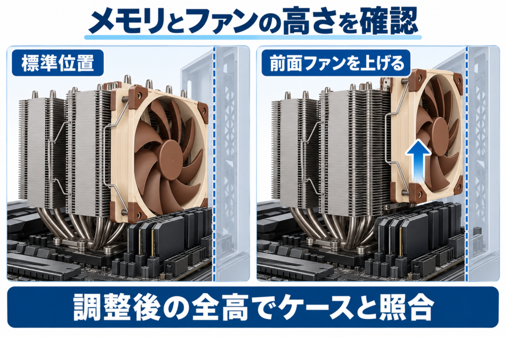 前面ファン・メモリ・ケース高さの関係を説明する概念イメージ