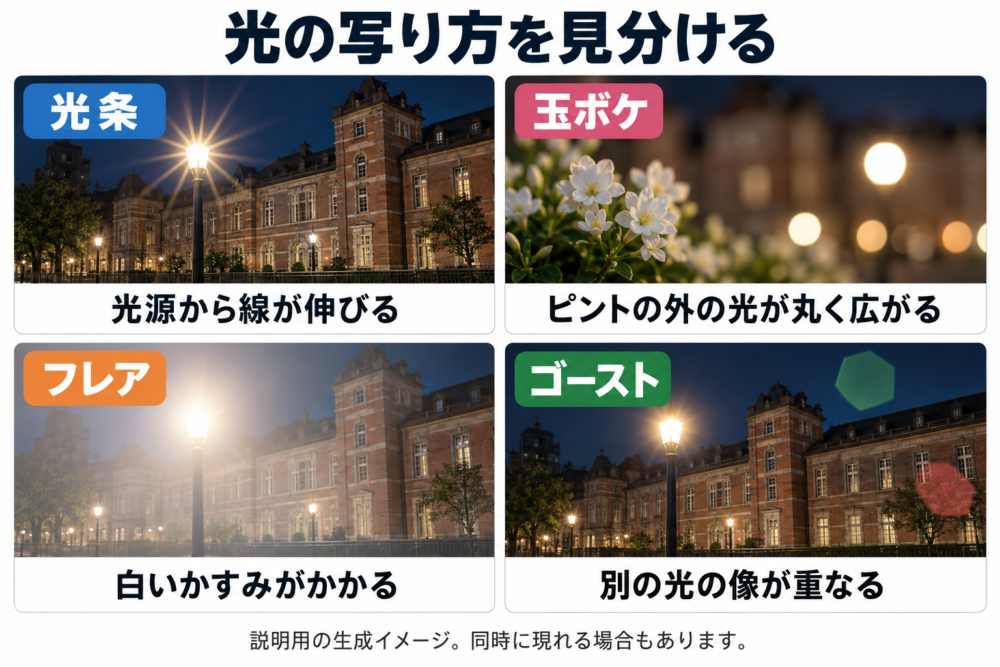 4カードで光条（光源中心から線）、玉ボケ（ピント外の丸）、フレア（全体の薄いかすみ）、ゴースト（光源とは離れた色の多角形）。単独の典型例。