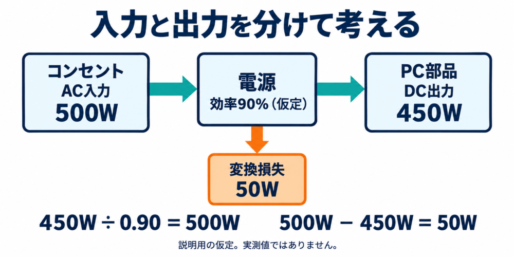 AC入力・DC出力・損失を別方向の流れと式で示す