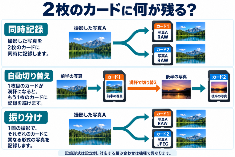 同時記録、自動切り替え、RAWとJPEGの振り分けで保存先が変わる模式図