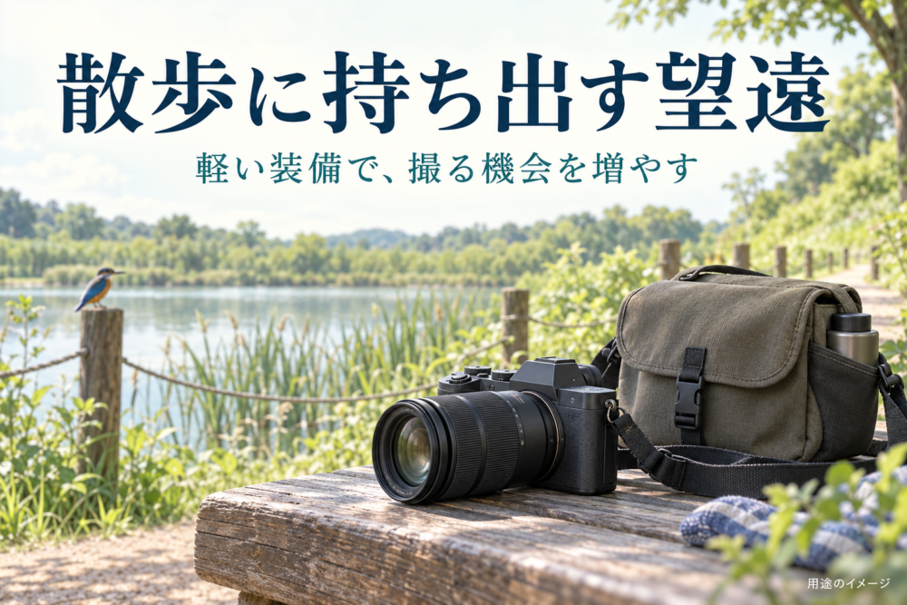 小型の黒い望遠レンズ付きカメラと散策用バッグの用途イメージ
