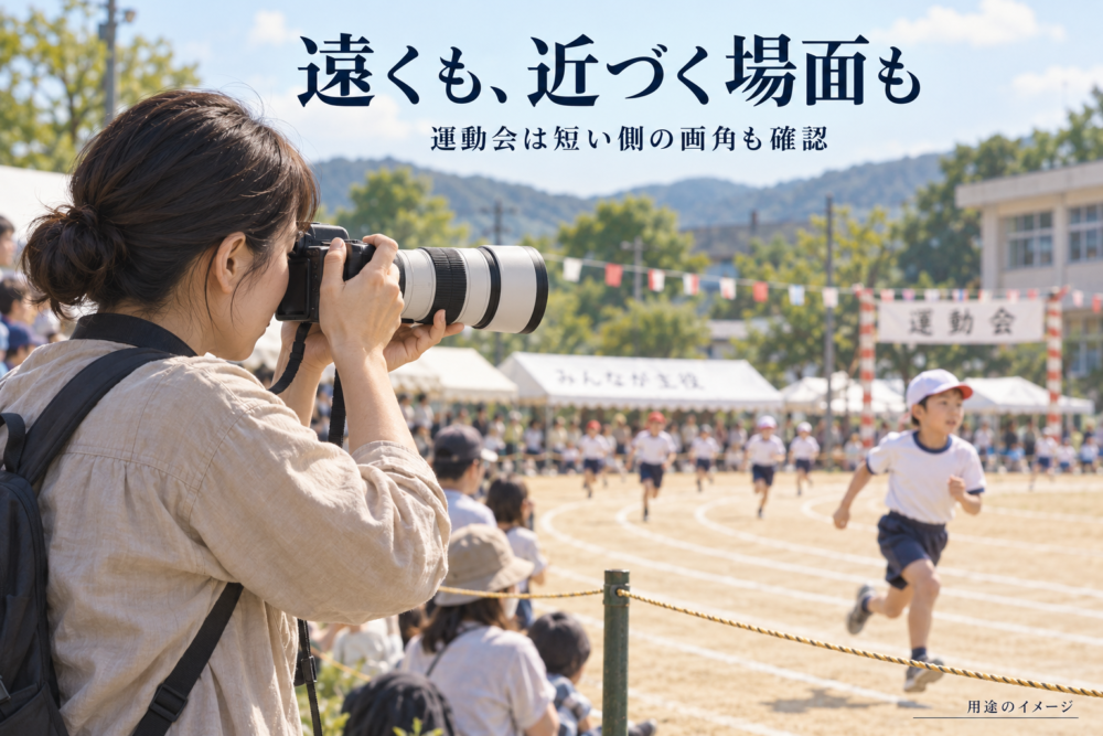 観客エリアから運動会を白い望遠レンズで撮影する用途イメージ