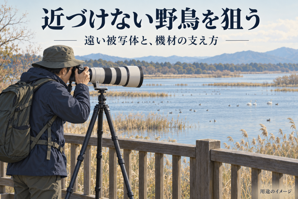 遊歩道から大型の白い望遠レンズを三脚で支持して水辺を狙う用途イメージ