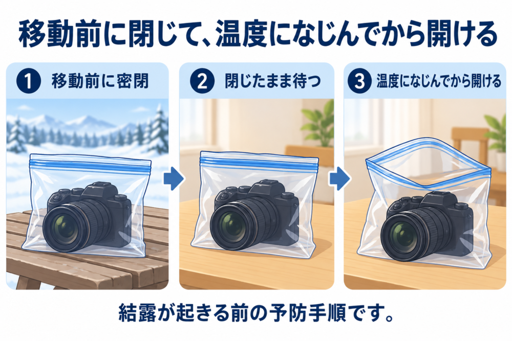 移動前に袋を密閉し、移動先で閉じたまま待ち、温度になじんでから開ける手順図
