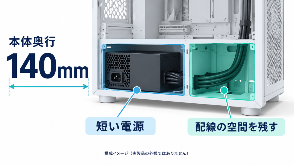 短い電源本体でも配線スペースが別途必要なことを説明する概念図