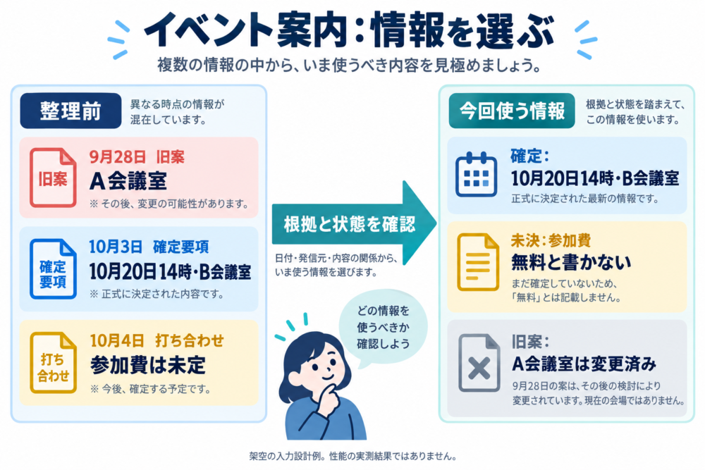 旧会場案を現在の根拠から外し、確定日時とB会議室、参加費未定を区別して残す架空の情報整理例