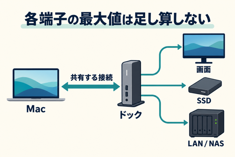 画面・SSD・LANがドックからMacまでの接続を共有する模式図