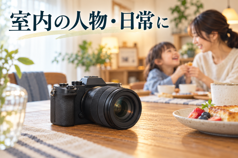 短い標準ズームを付けたミラーレスと室内の家族・料理を描いた用途イメージ