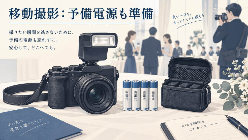 クリップオンと予備の単3形電池で移動撮影を組むイメージ