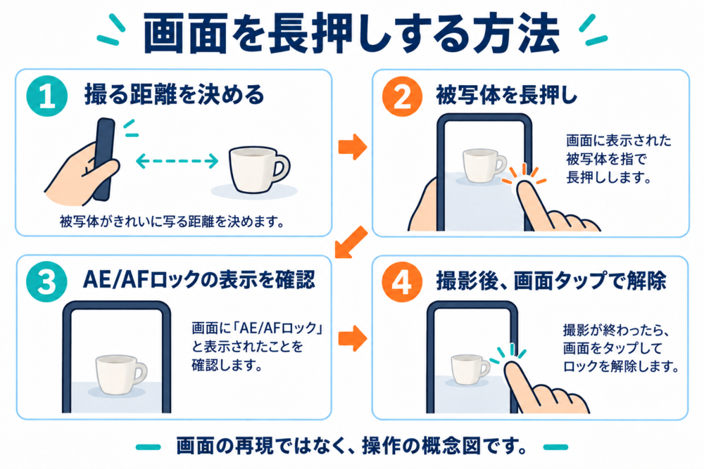 画面を長押ししてAE/AFロックを設定し、撮影後に解除する手順
