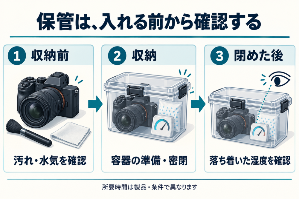 収納前の手入れ、容器の準備と密閉、閉めた後の湿度確認を順に示す図