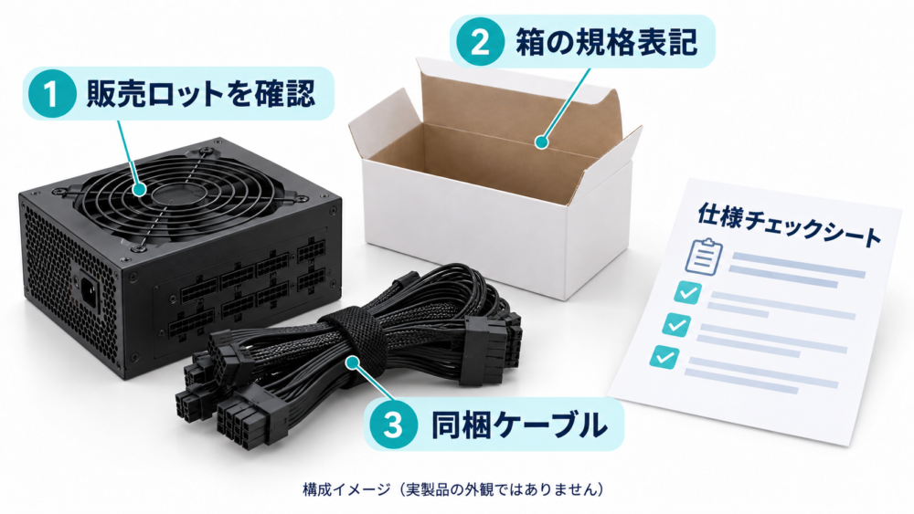 購入ロットの規格と同梱ケーブルを照合する手順を説明する概念図
