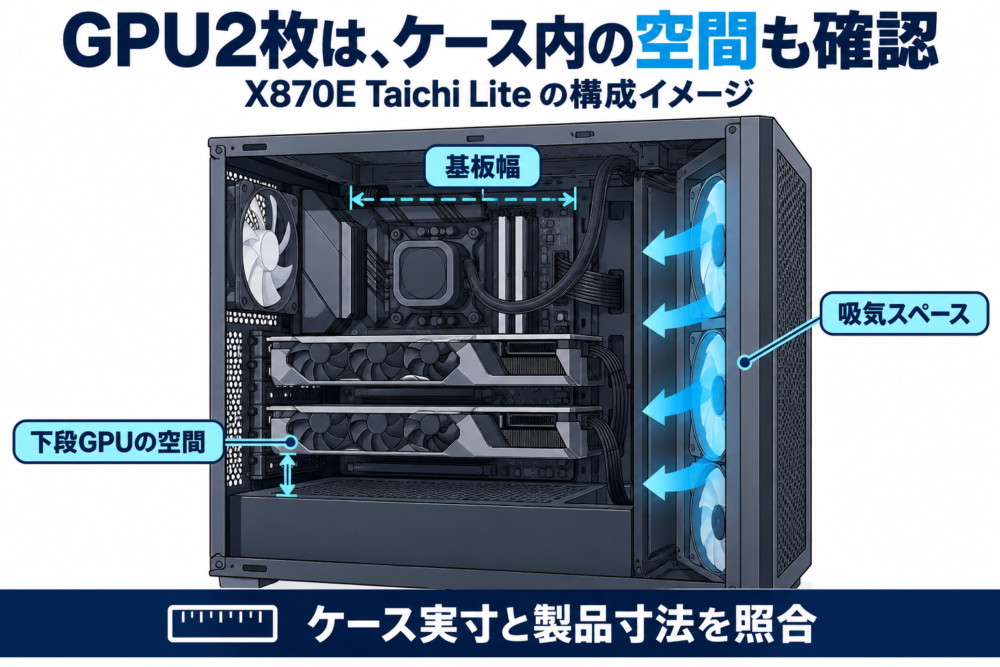 GPU2枚構成で下段GPUの空間と基板幅を確認するケース内の概念図