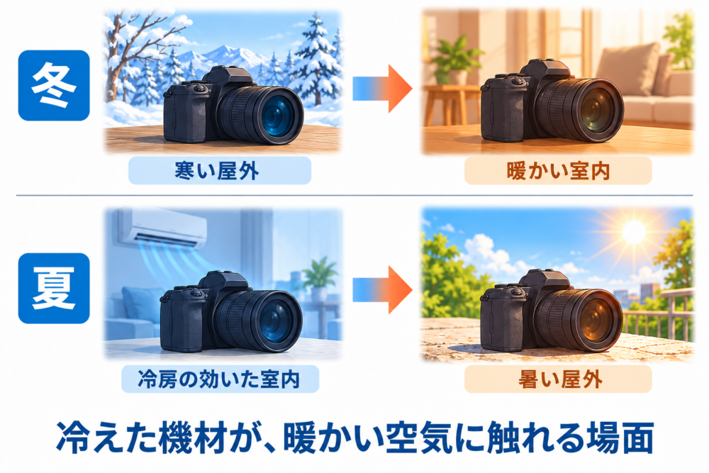冬は寒い屋外から室内へ、夏は冷房室から暑い屋外へ移動する比較図