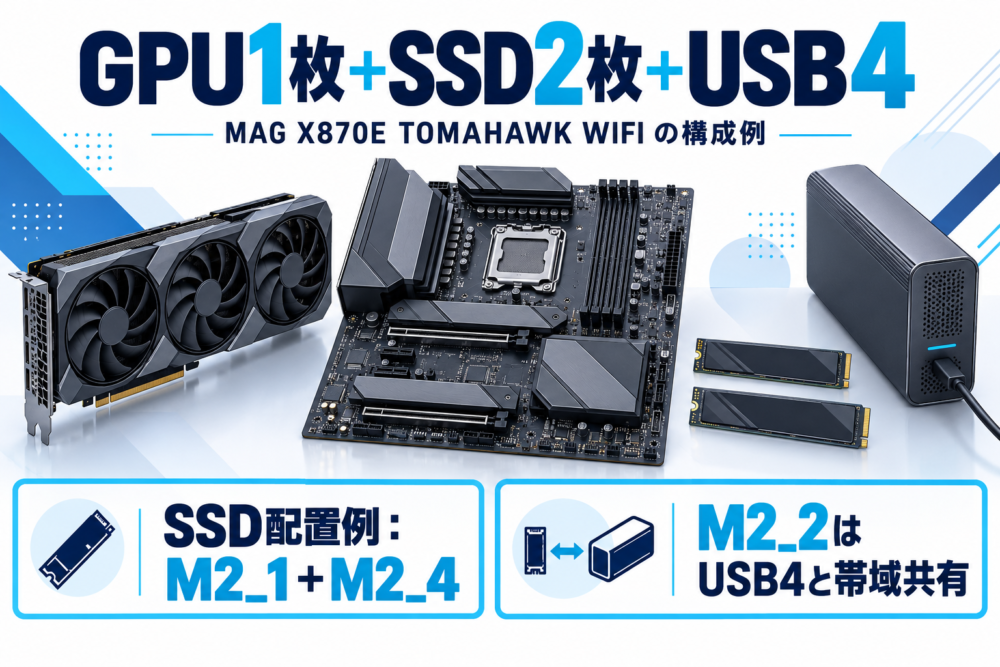 GPU1枚とSSD2枚にUSB4機器を組み合わせる構成イメージ