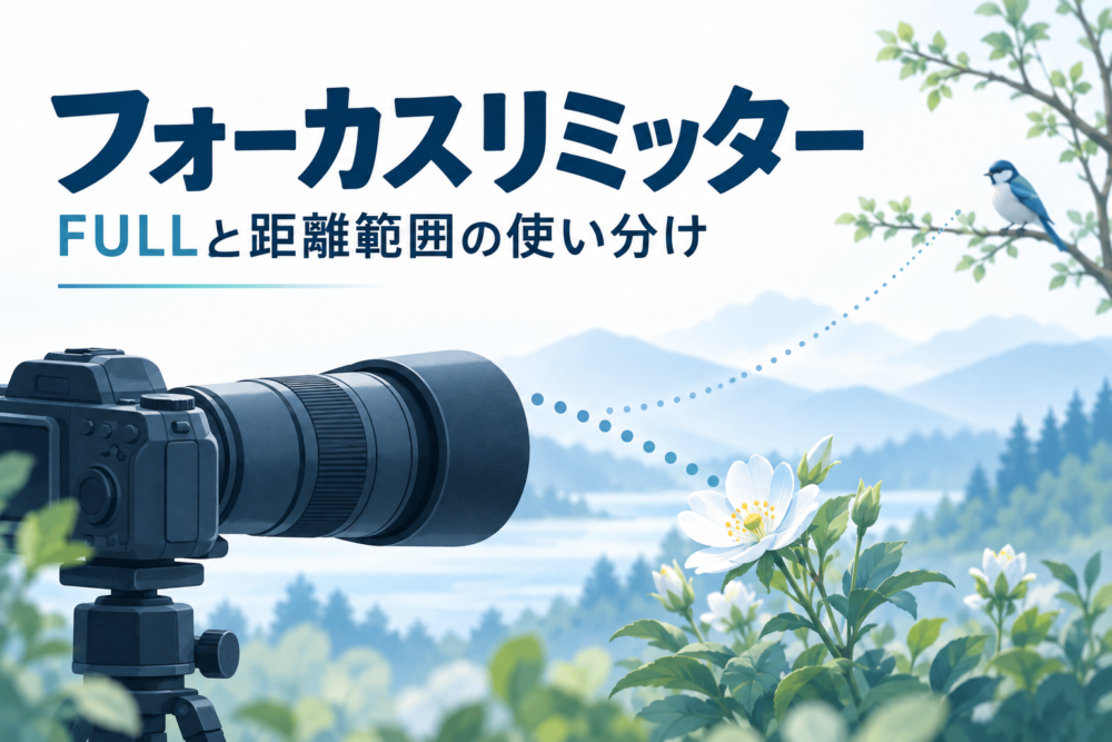 近くの花と遠くの鳥を撮り分けるフォーカスリミッターの概念イラスト