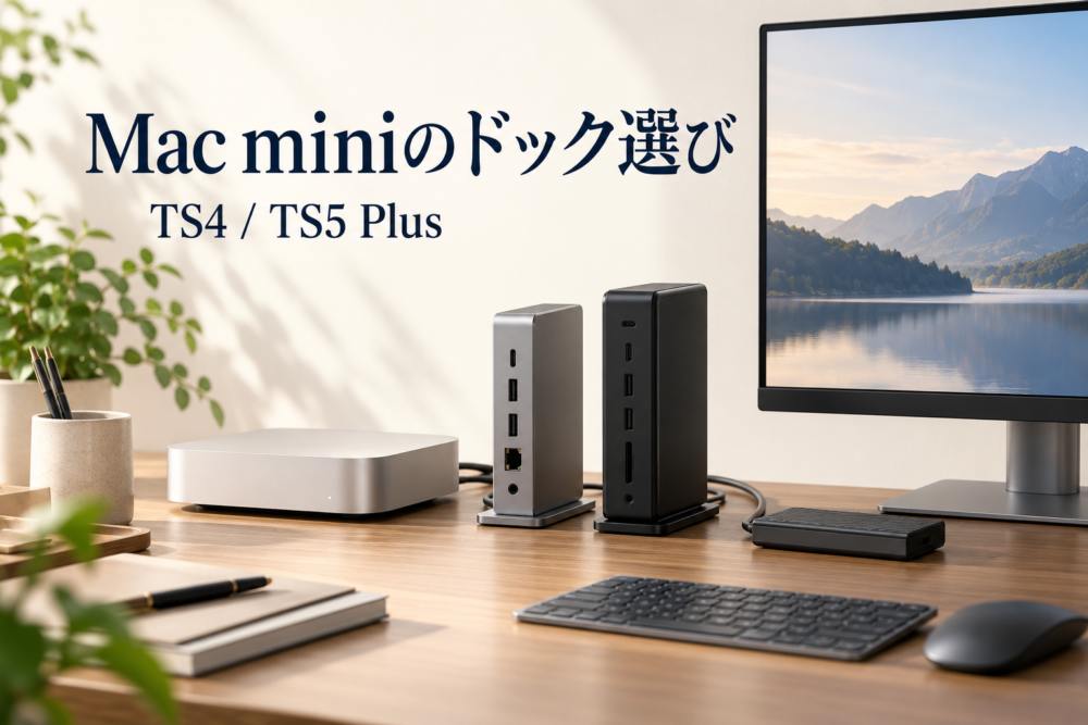 小型デスクトップPCと2種類のドック、画面とSSDを描いた用途イメージ