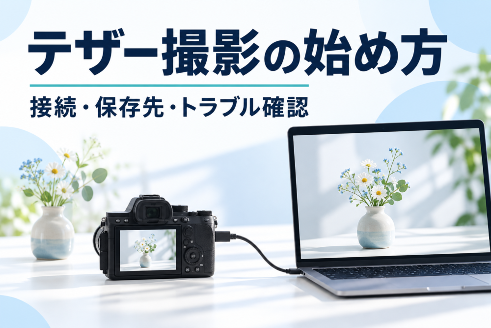 カメラとPCを接続して撮影した花瓶の写真を確認するテザー撮影のイメージ