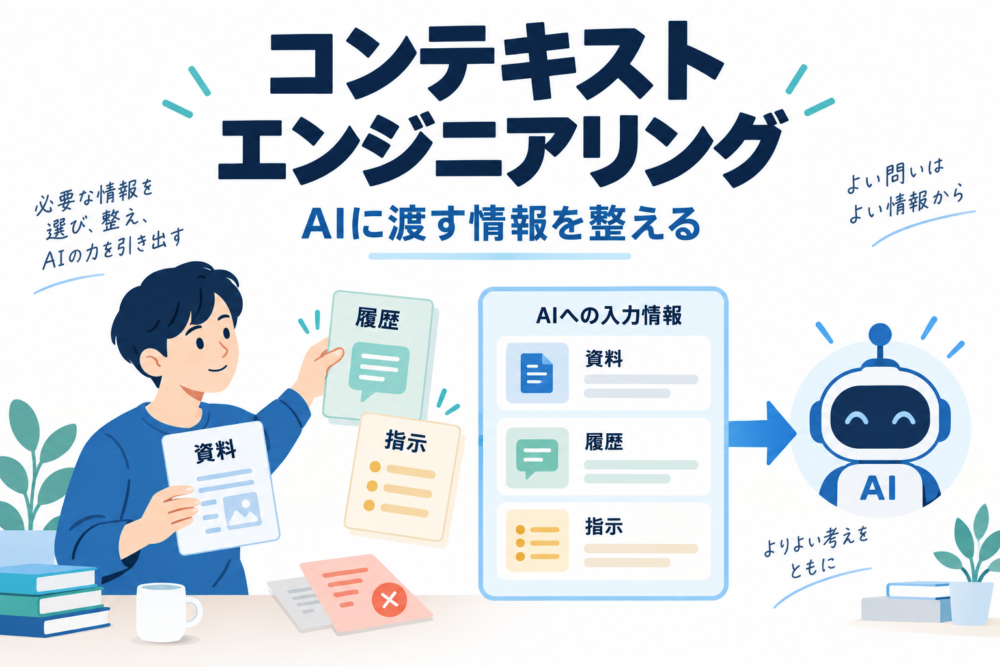コンテキストエンジニアリングで資料や履歴を整理してAIへ渡すイメージ