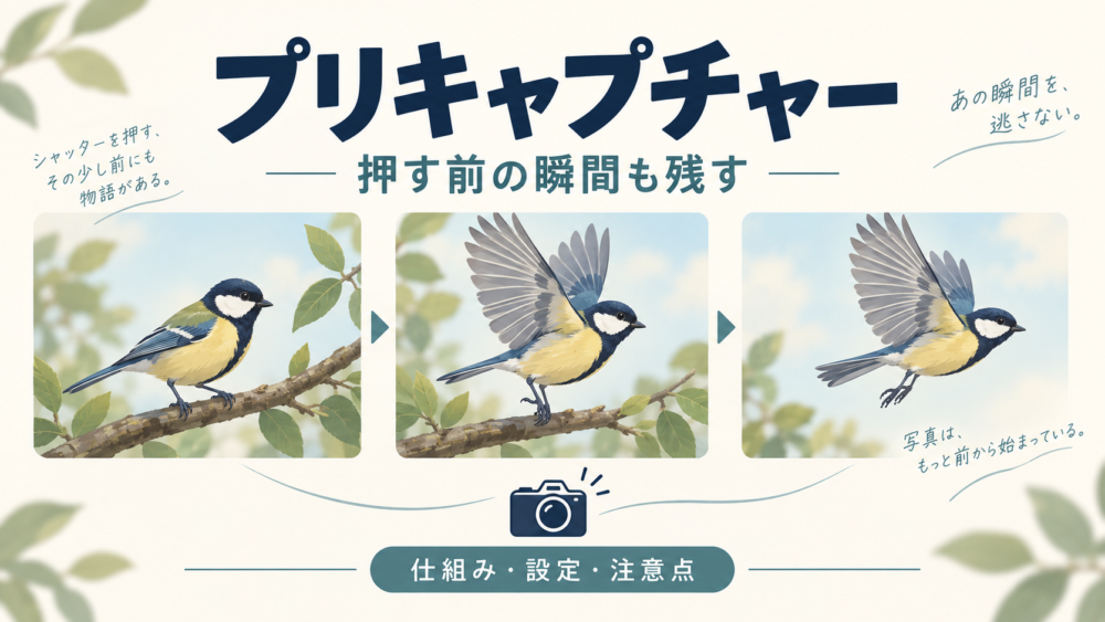 鳥が飛び立つ前後のコマを残すプリキャプチャーの概念イラスト