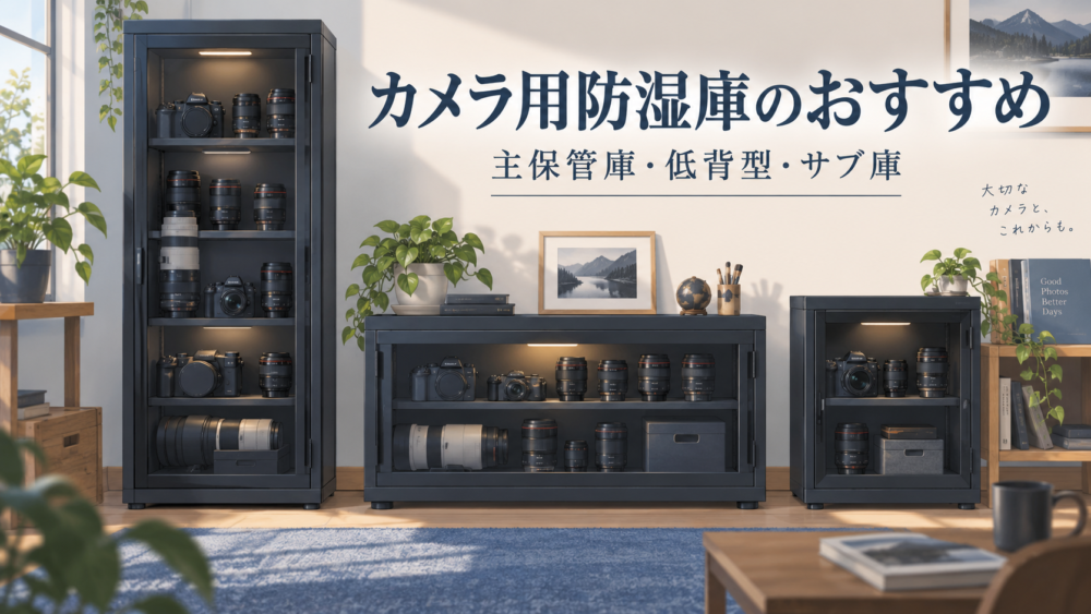 主保管庫・低背型・サブ庫という3つの防湿庫の用途を示すイメージ